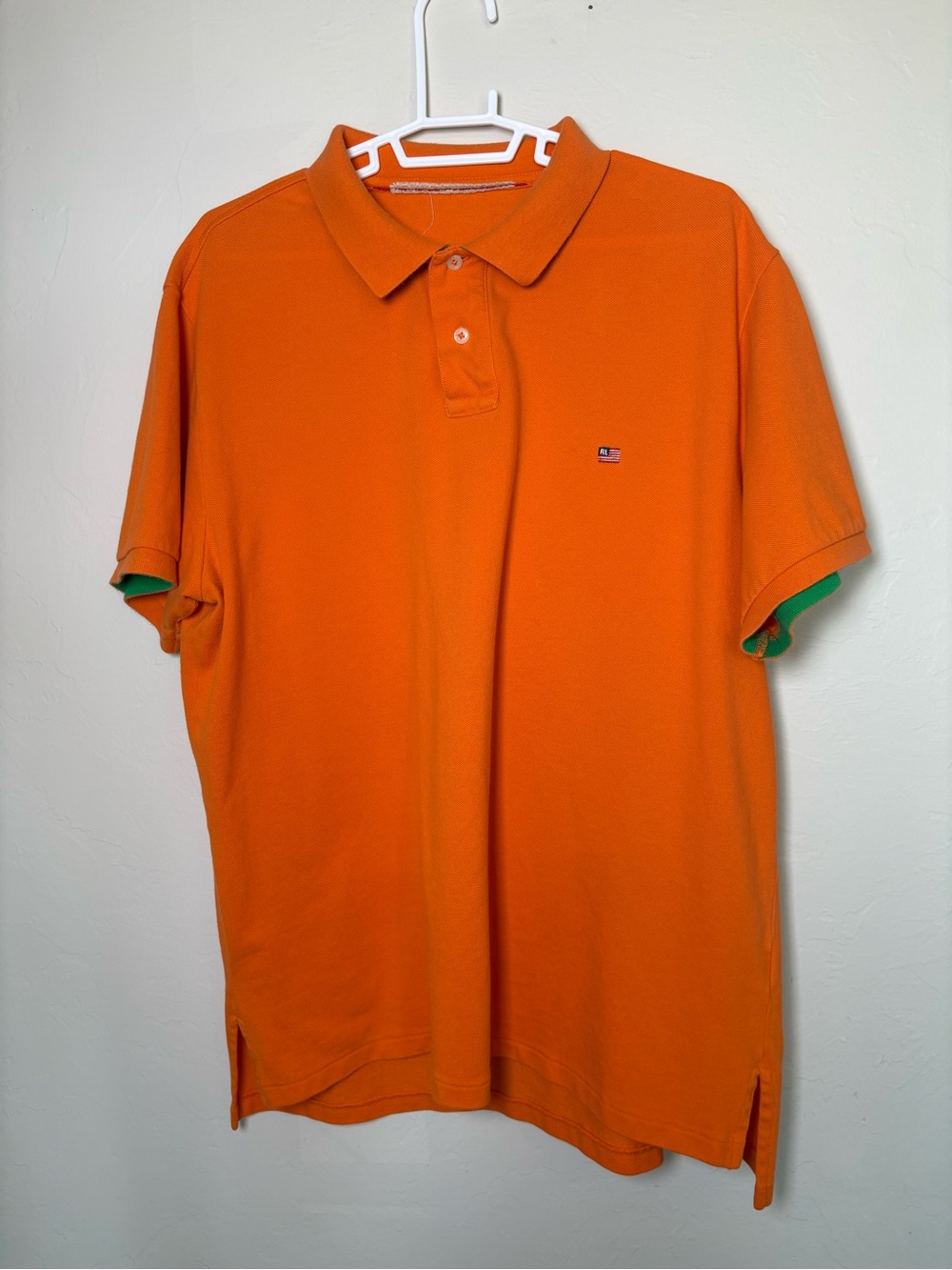 Y2K Polo Ralph Lauren Flag Polo Shirt Orange Green Collar Men's L - No Tag READ